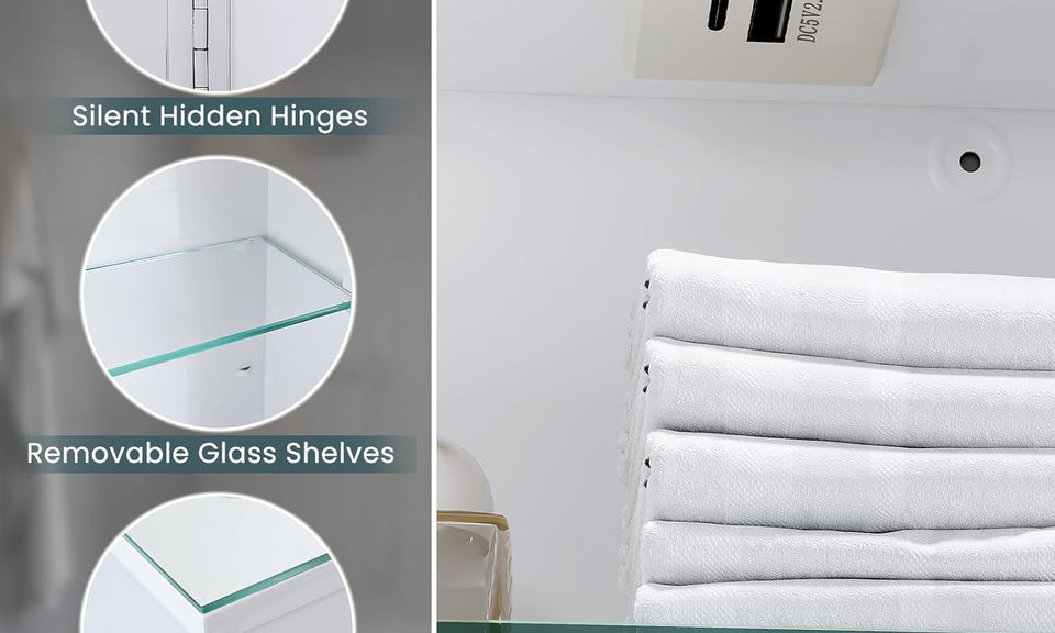 Dripex LED Bathroom Mirror Cabinet, Bathroom Mirror Cabinet with LED Lights Shaver Socket and Demister Pad, Non-contact Sensor Switch, White/Left hinge