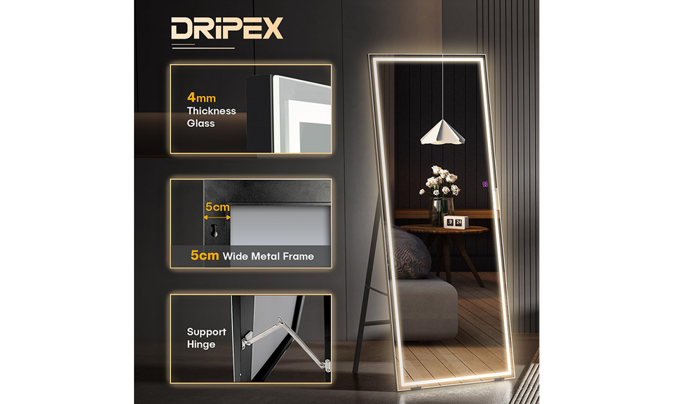 Dripex LED Full Length Floor Standing Mirror, 140x50CM Wall Mounted Mirror with Dimming & 3 Color Lighting for Bedroom