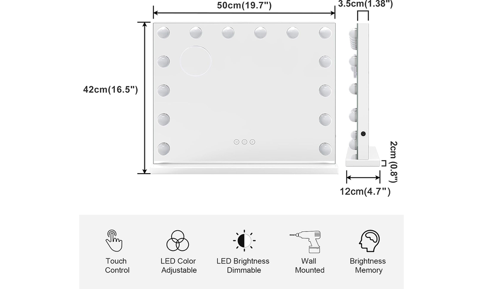 Dripex Hollywood Vanity Mirror 50*42cm with 14 Dimmable LED Bulbs and Touchscreen Control