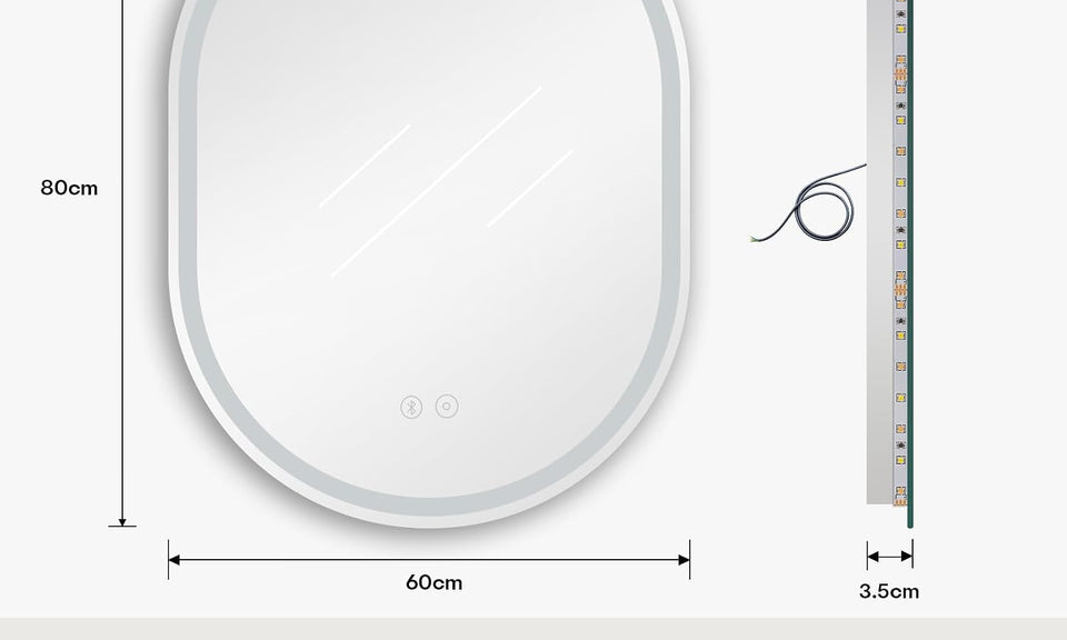 Dripex Bluetooth Oval Bathroom LED Mirror, Illuminated Backlit Wall Mounted Mirror with Demister, Anti-fog, 3 Lighting Modes, Dimming Light, IP44