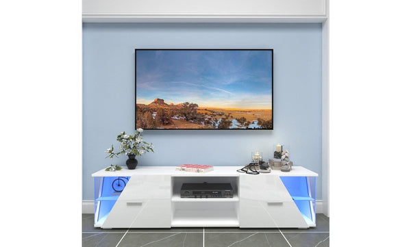Dripex 150cm High Gloss TV Cabinet with LED Lights and Storage, White