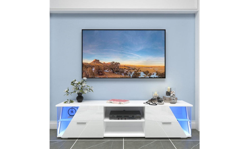 Dripex 150cm High Gloss TV Cabinet with LED Lights and Storage, White