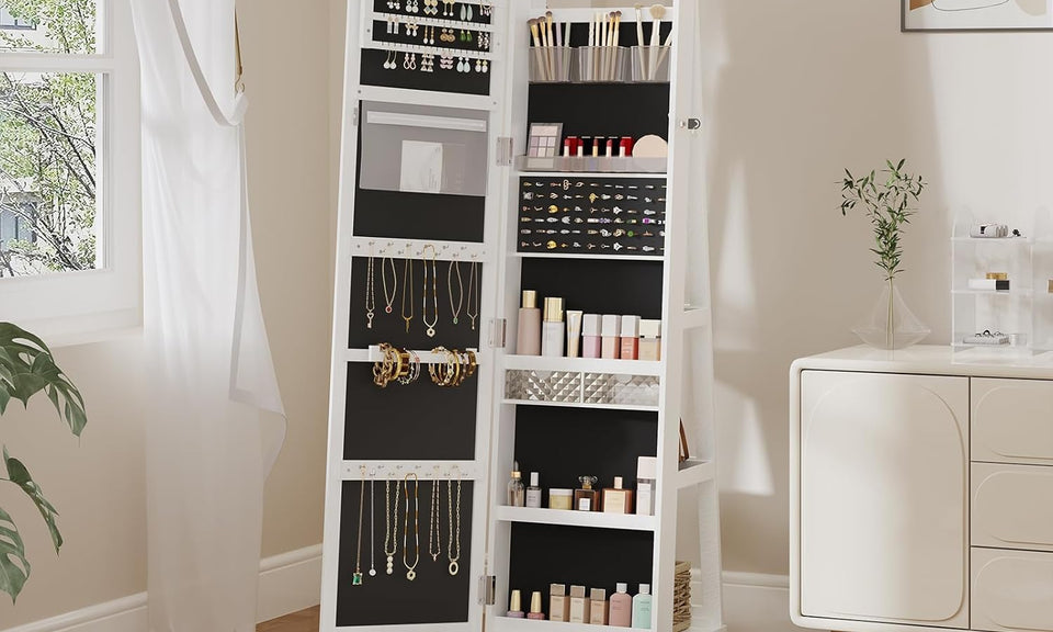 Dripex Jewelry Organiser Mirror Wardrobe, 360° Swivel Jewelry Storage, Lockable, 3 in 1 Free Standing Mirror with Storage Shelves