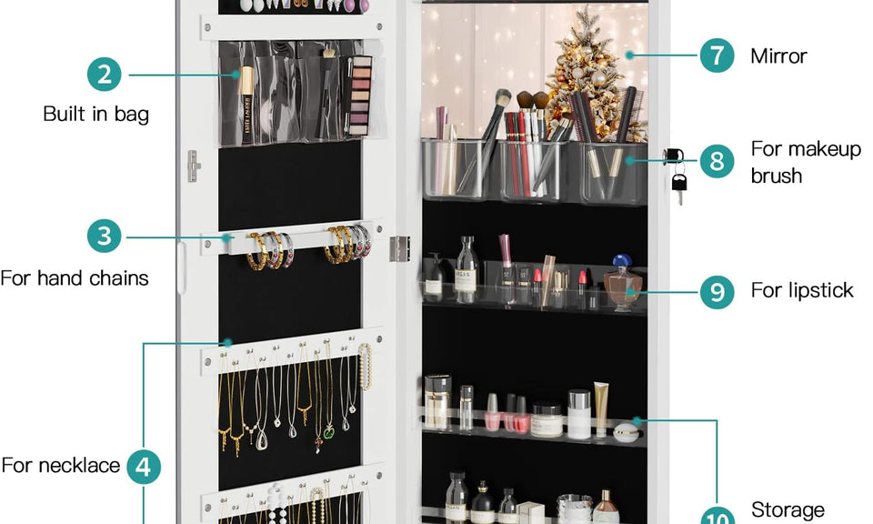 Dripex White Jewelry Organiser Mirror Wardrobe, Wall Mounted & Door Hanging Mirror, Lockable Jewelry Wardrobe with Large Storage