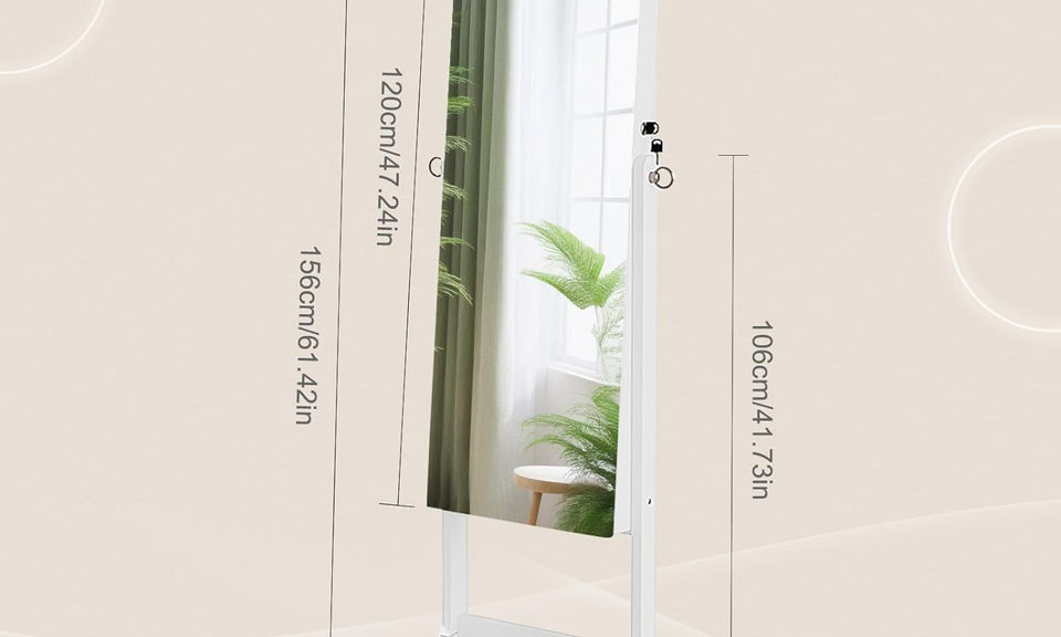 Dripex Jewelry Organiser Mirror Wardrobe, Free Standing Mirror with Large Storage, Lockable Jewelry Armoire Unit, 3 Angles Adjustable, White