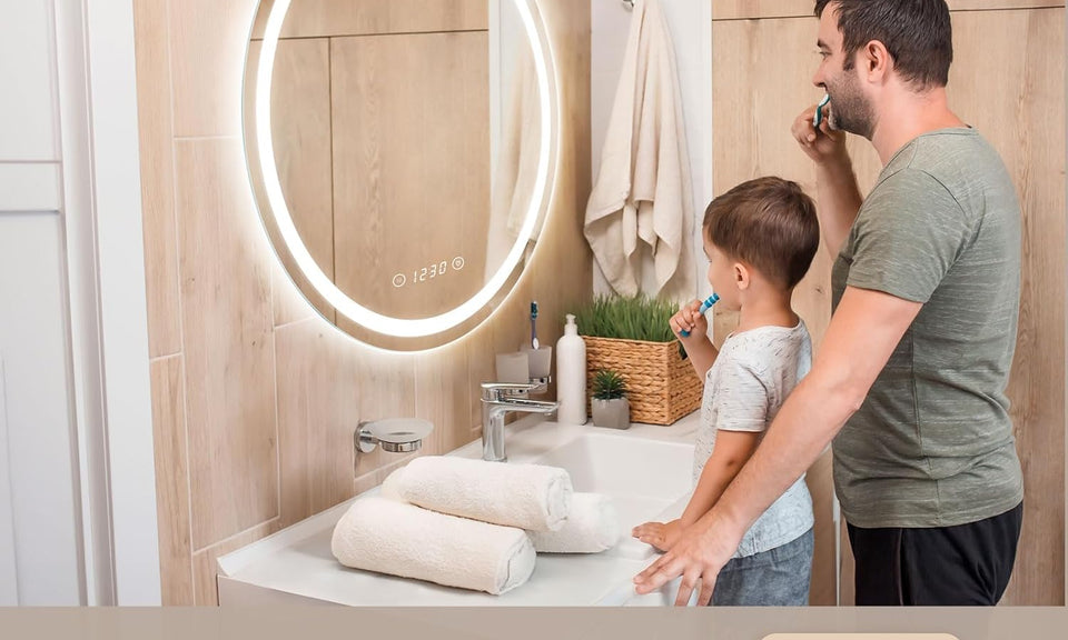 Dripex Time Display Round Bathroom LED Mirror, Illuminated Wall Mounted Circle LED Bathroom Mirror, Anti-fog, 3 Lighting Modes, Dimmable, Front+Backlit, IP4