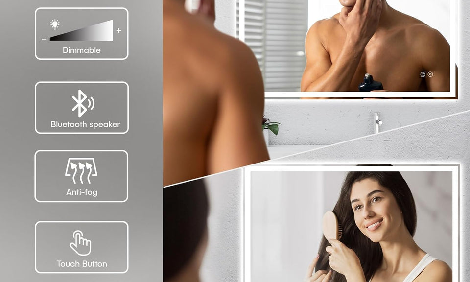 Dripex Bluetooth LED Bathroom Mirror with Shaver Socket, Dimmable 3 Colors Illuminated Backlit Wall Mounted Bathroom Mirrors Anti-fog Vanity Mirror, Horizontal/Vertical