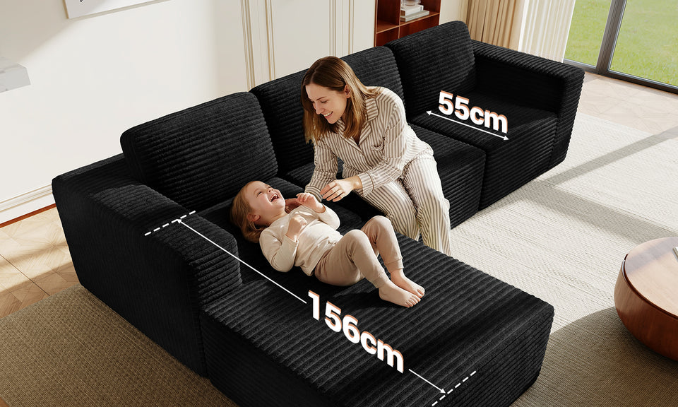 Vesgantti 303cm Oversized Modular Sectional Sofa for Living Room, Corduroy Cloud Couch with Spring Support, Extra Deep Seats, L-Shape Boneless Couch with Movable Ottoman, No Assembly Required, Black