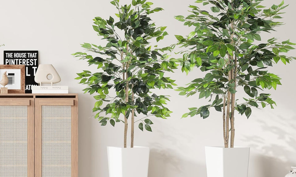YOLEO 5FT/6FT Artificial Ficus Tree with White Tall Planter, Lifelike Fake Silk Tree Indoor, Faux Ficus Tall Plant for Living Room Bedroom Balcony Corner Office Decor