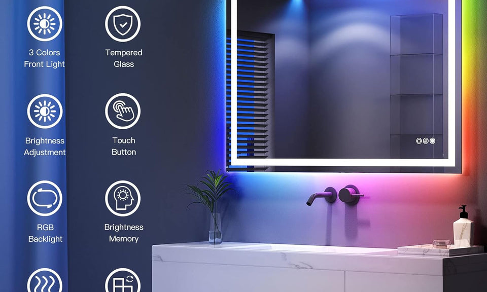 Dripex RGB Bathroom Mirror with 3 LED Lights, Illuminated Bathroom Mirrors Vanity Mirror RGB Backlit + Front Lighted, Dimmable and Demister Pad, Horizontal/Vertical
