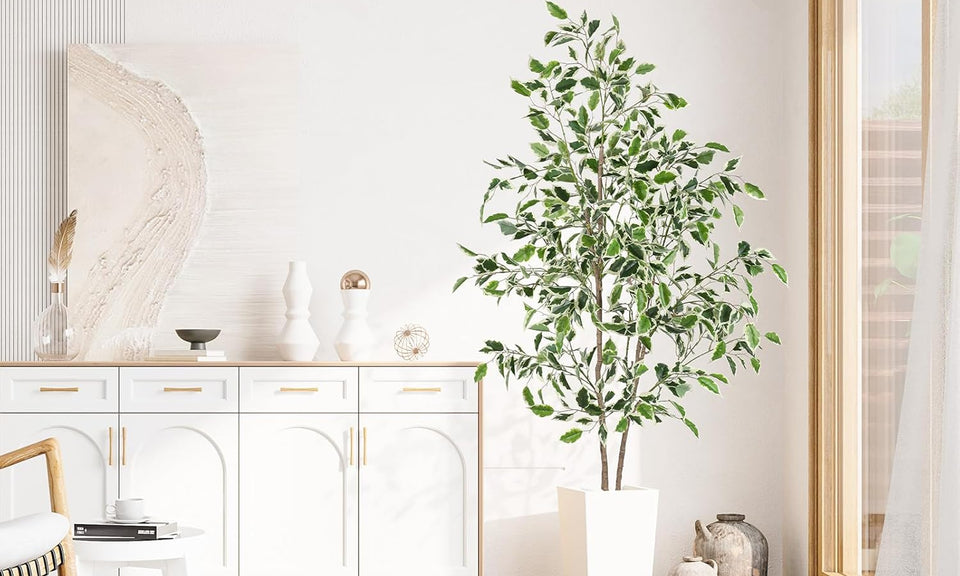 YOLEO 5FT Artificial Ficus Tree with White Tall Planter, Lifelike Fake Silk Tree Indoor, Faux Ficus Tall Plant for Living Room Bedroom Balcony Corner Office Decor