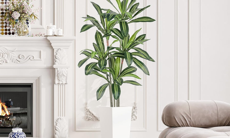 YOLEO 5FT/6FT Artificial Dracaena Tree with White Tall Planter, Lifelike Fake Silk Tree Indoor, Faux Dracaena Tall Plant for Living Room Bedroom Balcony Corner Office Decor