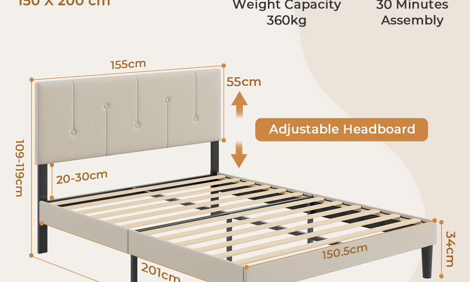 Vesgantti Linen Bed Frame with Adjustable Headboard & Solid Wooden Slats, Easy Assembly, No Box Spring Needed, Under Bed Storage