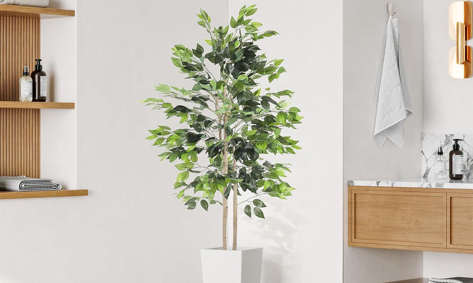 YOLEO 5FT/6FT Artificial Ficus Tree with White Tall Planter, Lifelike Fake Silk Tree Indoor, Faux Ficus Tall Plant for Living Room Bedroom Balcony Corner Office Decor