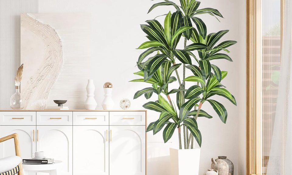 YOLEO 5FT/6FT Artificial Dracaena Tree with White Tall Planter, Lifelike Fake Silk Tree Indoor, Faux Dracaena Tall Plant for Living Room Bedroom Balcony Corner Office Decor