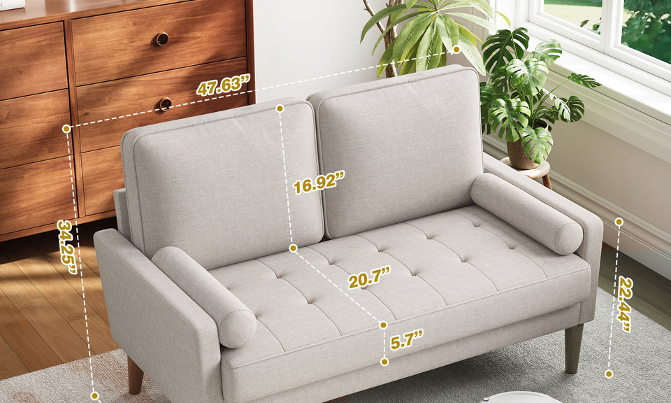 Vesgantti Loveseat Sofa with Solid Wood Legs, 48" Small Couches for Small Spaces, Love Seat for Living Room, Bedroom, Easy Assembly Mid Century Modern Couch with Throw Pillow for Apartment, Ashbeige