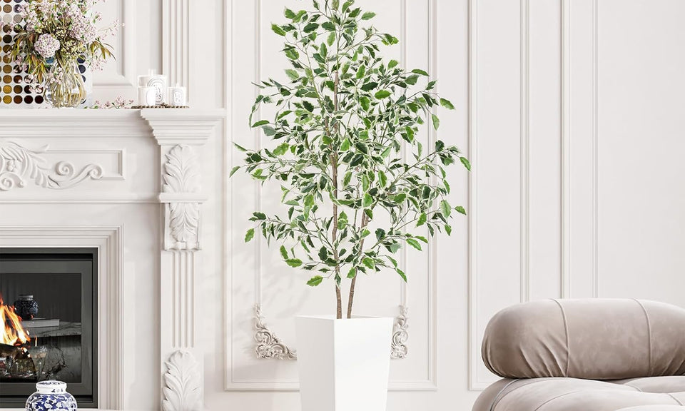 YOLEO 5FT Artificial Ficus Tree with White Tall Planter, Lifelike Fake Silk Tree Indoor, Faux Ficus Tall Plant for Living Room Bedroom Balcony Corner Office Decor