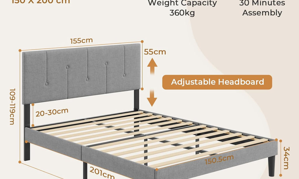 Vesgantti Linen Bed Frame with Adjustable Headboard & Solid Wooden Slats, Easy Assembly, No Box Spring Needed, Under Bed Storage