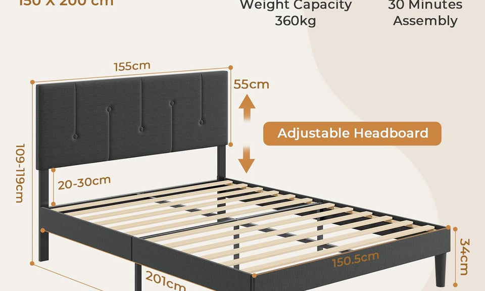 Vesgantti Linen Bed Frame with Adjustable Headboard & Solid Wooden Slats, Easy Assembly, No Box Spring Needed, Under Bed Storage