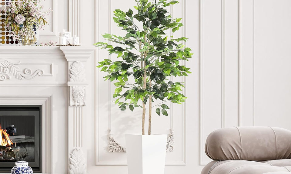 YOLEO 5FT/6FT Artificial Ficus Tree with White Tall Planter, Lifelike Fake Silk Tree Indoor, Faux Ficus Tall Plant for Living Room Bedroom Balcony Corner Office Decor