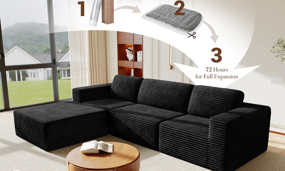 Vesgantti 303cm Oversized Modular Sectional Sofa for Living Room, Corduroy Cloud Couch with Spring Support, Extra Deep Seats, L-Shape Boneless Couch with Movable Ottoman, No Assembly Required, Black