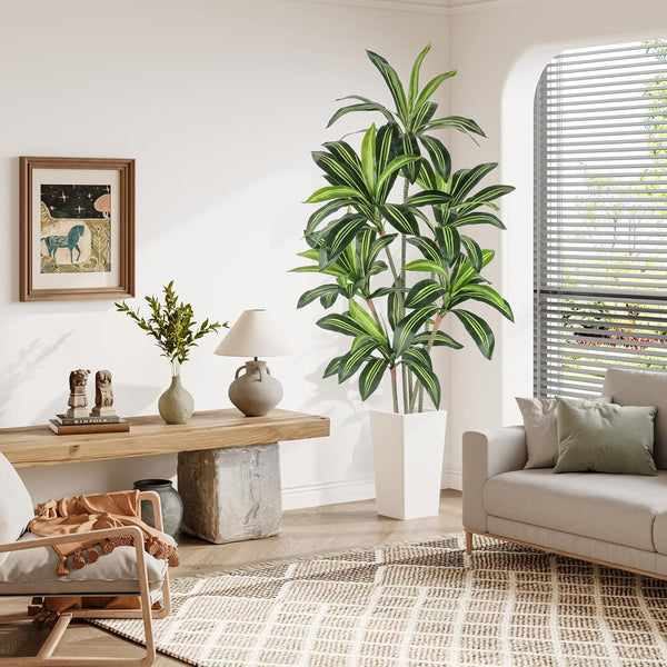 YOLEO 5FT/6FT Artificial Dracaena Tree with White Tall Planter, Lifelike Fake Silk Tree Indoor, Faux Dracaena Tall Plant for Living Room Bedroom Balcony Corner Office Decor