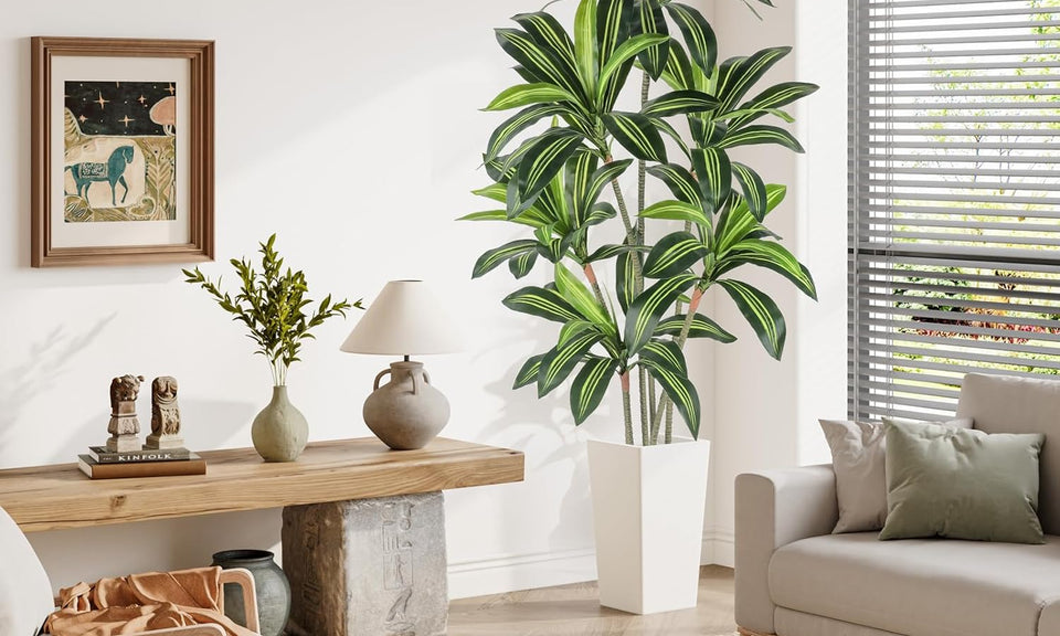YOLEO 5FT/6FT Artificial Dracaena Tree with White Tall Planter, Lifelike Fake Silk Tree Indoor, Faux Dracaena Tall Plant for Living Room Bedroom Balcony Corner Office Decor