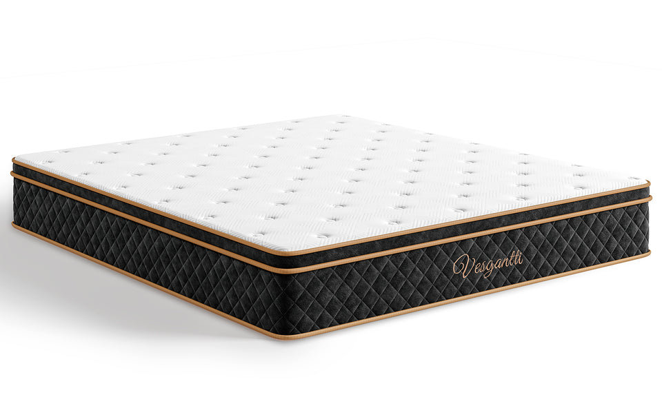 Vesgantti Ice Silk Cooling Hybrid Mattress Medium Firm Memory Foam Pocket Sprung Mattress, 7 Zone Support for Pressure Relief, Motion Isolation