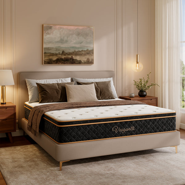 Vesgantti Ice Silk Cooling Hybrid Mattress Medium Firm Memory Foam Pocket Sprung Mattress, 7 Zone Support for Pressure Relief, Motion Isolation