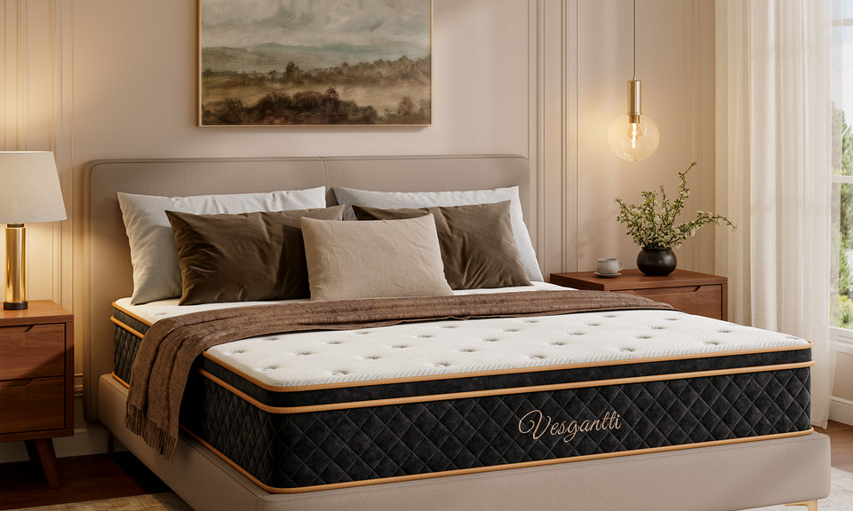 Vesgantti Ice Silk Cooling Hybrid Mattress Medium Firm Memory Foam Pocket Sprung Mattress, 7 Zone Support for Pressure Relief, Motion Isolation