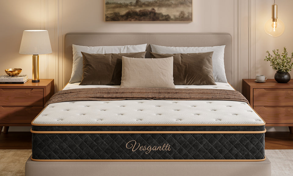 Vesgantti Ice Silk Cooling Hybrid Mattress Medium Firm Memory Foam Pocket Sprung Mattress, 7 Zone Support for Pressure Relief, Motion Isolation