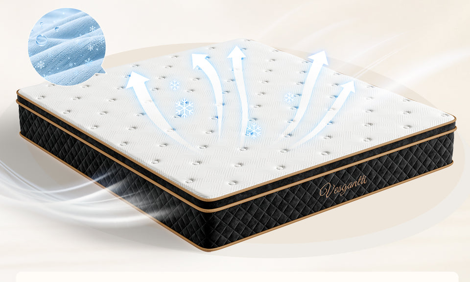 Vesgantti Ice Silk Cooling Hybrid Mattress Medium Firm Memory Foam Pocket Sprung Mattress, 7 Zone Support for Pressure Relief, Motion Isolation