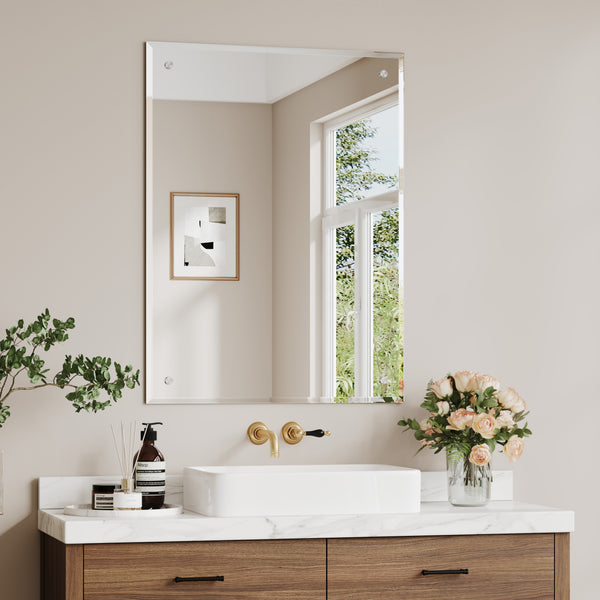 Dripex Frameless Bathroom Mirror, Wall Mounted Bathroom Mirror with Bevelled Edge & Pre-Drilled Holes for Dressing Room Bedroom Living Room