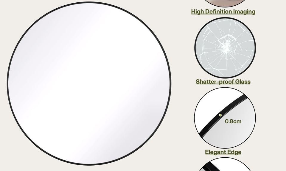 Dripex Round Mirror, 40 to 90cm Circle Hanging Wall Mirror - Home Decorative Wall Mounted Vanity Mirror for Bathroom, Dressing Room & Living Room