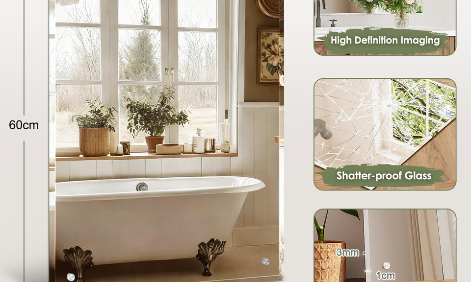 Dripex Frameless Bathroom Mirror, Wall Mounted Bathroom Mirror with Bevelled Edge & Pre-Drilled Holes for Dressing Room Bedroom Living Room