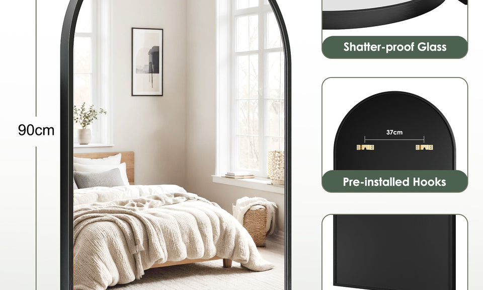 Dripex Arched Mirror, 75 x 50cm/90 x 60cm Wall-Mounted or Leaning, Pre-Fitted Holes & Fixing Kit, for Bathroom, Living Room & Bedroom