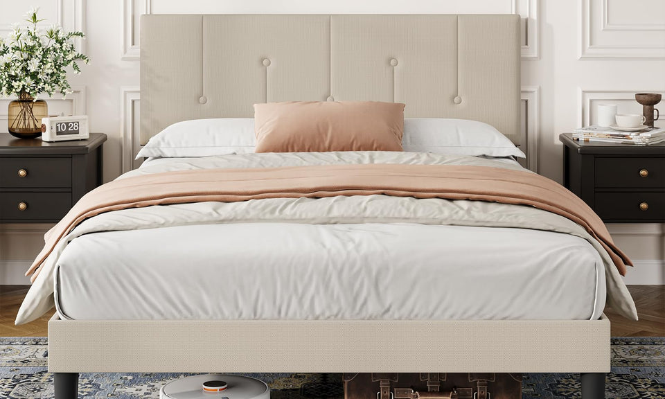 Vesgantti Bed Frame with Adjustable Linen Headboard & Solid Wooden Slats, Easy Assembly, No Box Spring Needed, Under Bed Storage