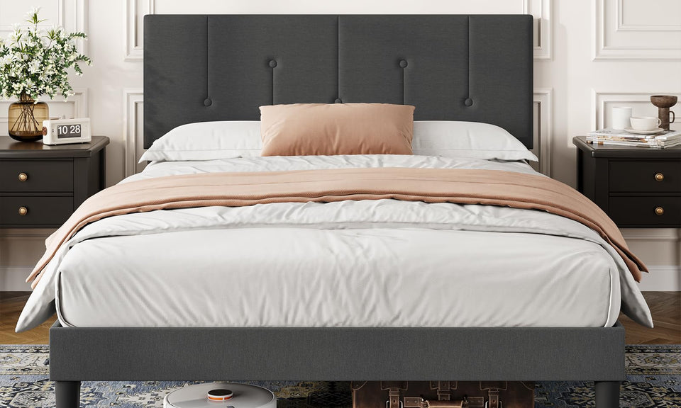 Vesgantti Bed Frame with Adjustable Linen Headboard & Solid Wooden Slats, Easy Assembly, No Box Spring Needed, Under Bed Storage