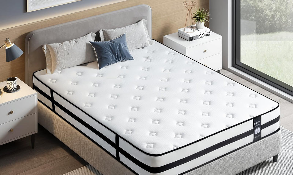 Inofia Sleep Double Mattresses 4FT6, Memory Foam Sprung Hybrid Mattress 10 Inch, 7-Zone Support & Sleep Cooler, Medium Firm Original Collection, 100 Night Home Trial