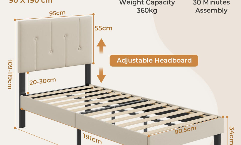 Vesgantti Bed Frame with Adjustable Linen Headboard & Solid Wooden Slats, Easy Assembly, No Box Spring Needed, Under Bed Storage