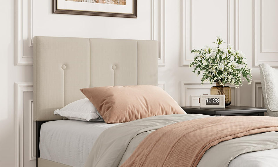 Vesgantti Bed Frame with Adjustable Linen Headboard & Solid Wooden Slats, Easy Assembly, No Box Spring Needed, Under Bed Storage