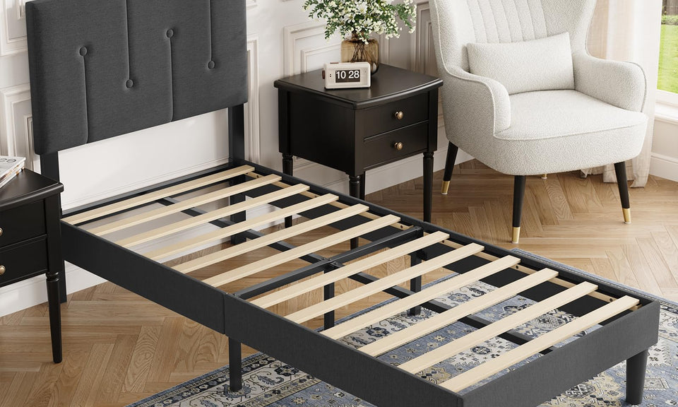 Vesgantti Bed Frame with Adjustable Linen Headboard & Solid Wooden Slats, Easy Assembly, No Box Spring Needed, Under Bed Storage