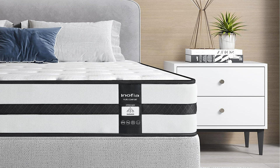Inofia Sleep Double Mattresses 4FT6, Memory Foam Sprung Hybrid Mattress 10 Inch, 7-Zone Support & Sleep Cooler, Medium Firm Original Collection, 100 Night Home Trial