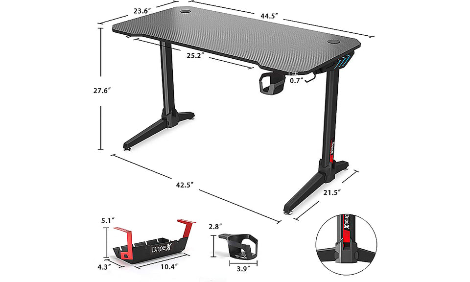 Dripex 44.5" Gaming Desk, T-Shaped Ergonomic Gaming Desk for PC with Cup Holder, Headphone Hook & Storage Basket, Black