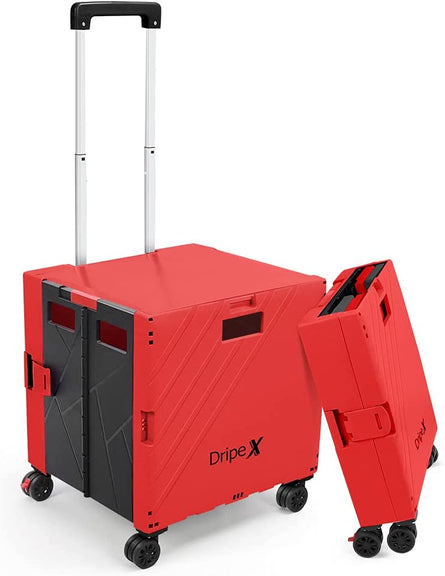 Dripex Folding Boot Cart Shopping Trolley Wheels, Collapsible Boot Cart Crate Box Utility Cart with Lift-Off Lid, 60kg Load Capacity, Red and Black