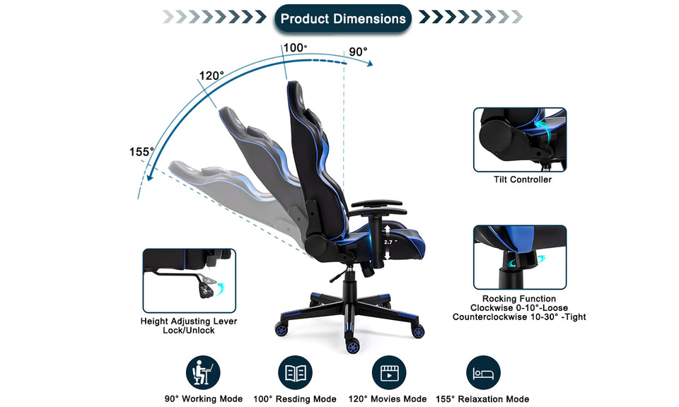 Yoleo/Bigzzia PC & Racing Game Chair-155 degree
