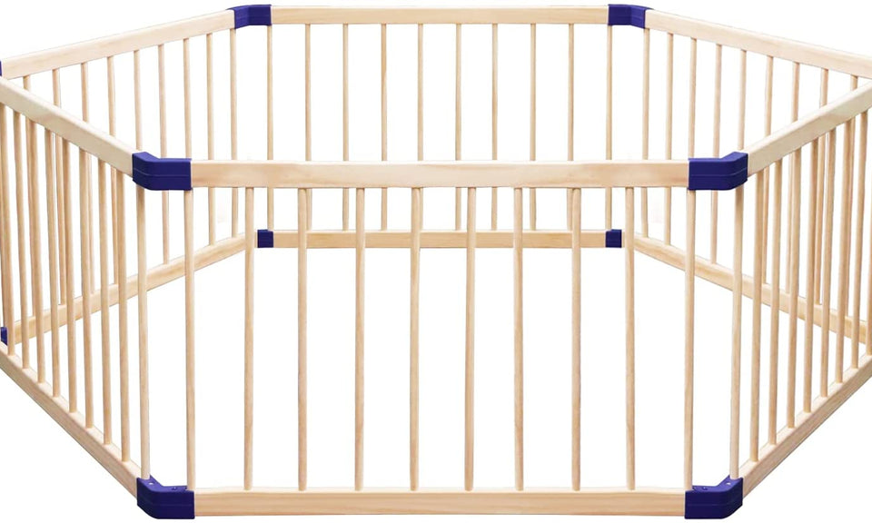 Dripex 204 x 104cm Wooden Baby Playpen, 6 Panels Large Play Fence for Toddlers, Kids Hexagonal Rectangle Activity Center Safety Play Yard Without Door 100cm x 6 Panels