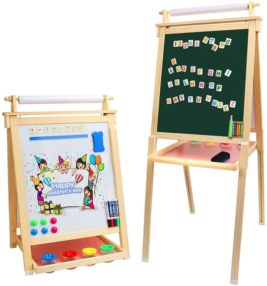 Dripex Kids Easel Double Sided Painting Chalkboard and Magnetic Board with Paper Roller for Children