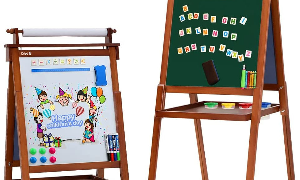 Dripex Kids Easel Double Sided Painting Chalkboard and Magnetic Board with Paper Roller for Children