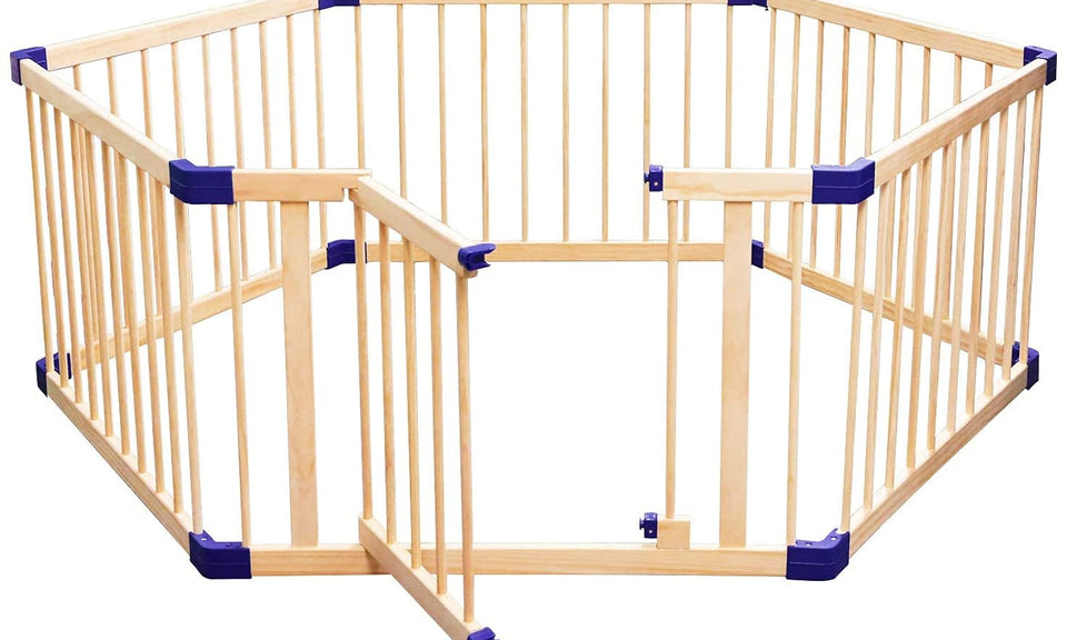 Dripex 204 x 104cm Wooden Baby Playpen, 6 Panels Large Play Fence for Toddlers, Kids Hexagonal Rectangle Activity Center Safety Play Yard with Lockable Door for Indoor and Outdoor (100cm x 6 Panels)